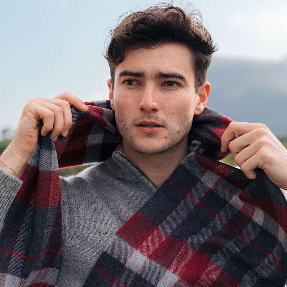 Charcoal Silver & Red Check Merino Scarf