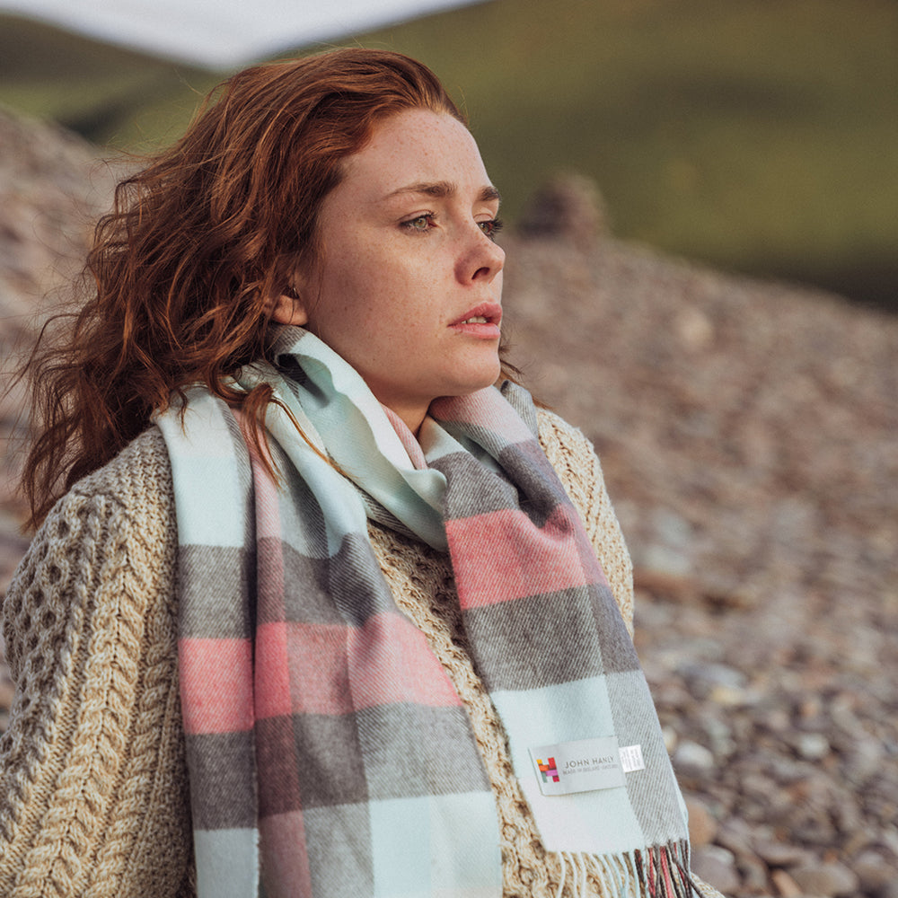 Aqua, Grey, Cream & Pink Block Check Merino Scarf