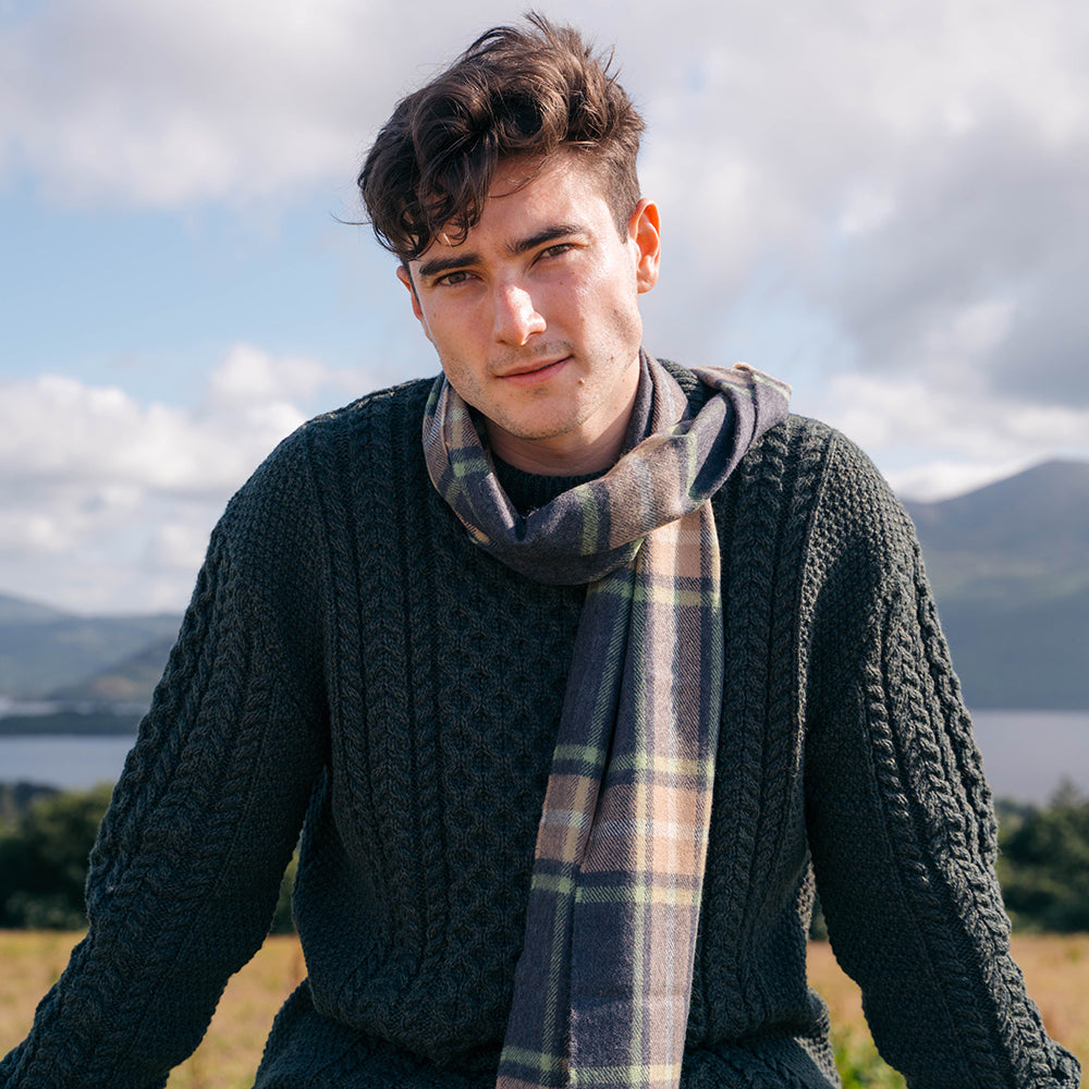 Grey, Beige & Light Green Check Merino Scarf