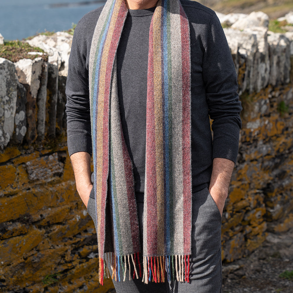 Beige Red Mustard Stripe Long Lambswool Scarf