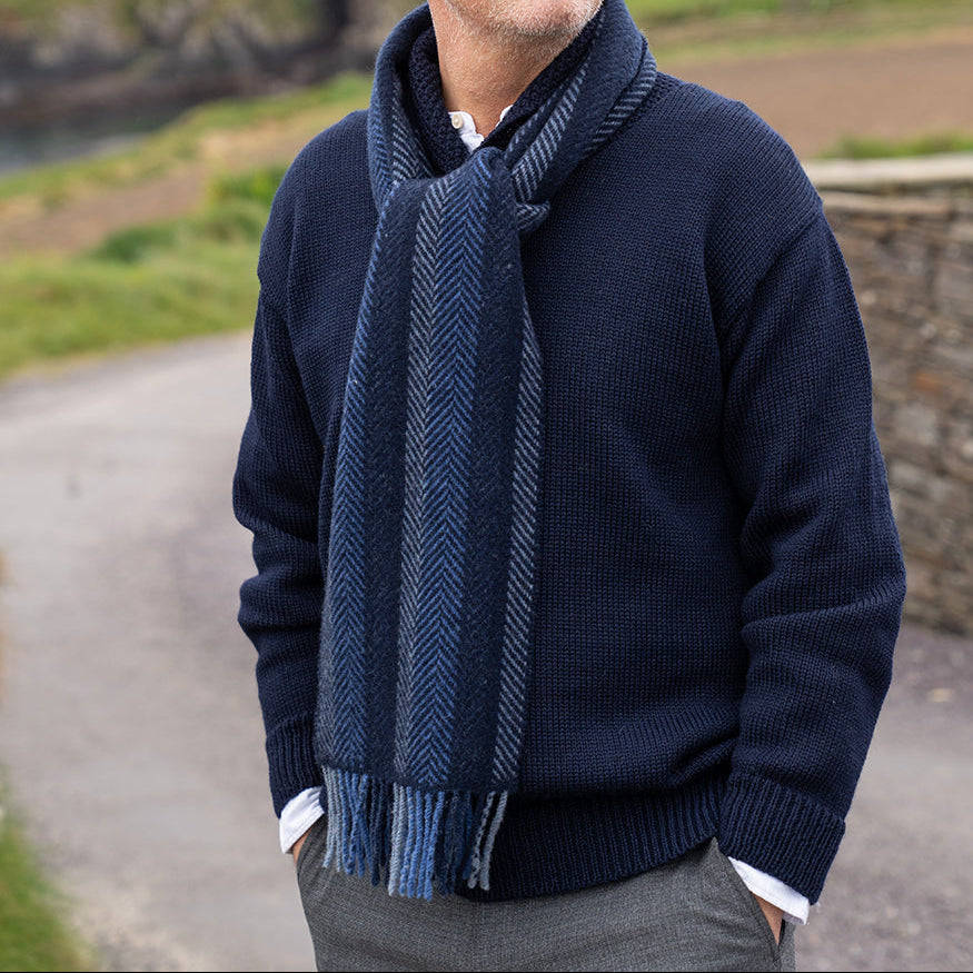Navy Denim Blue Stripe Merino & Cashmere Scarf