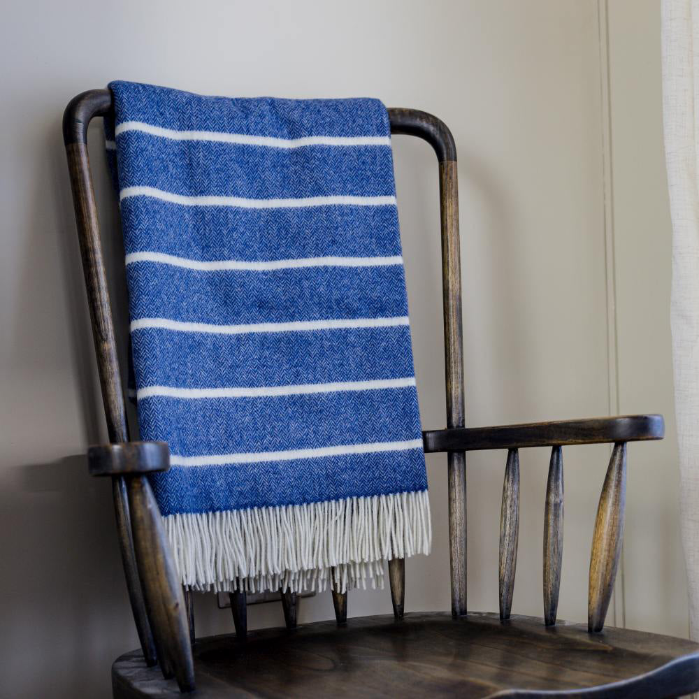 Merino Lambswool Throw | Denim White Horizontal Stripe