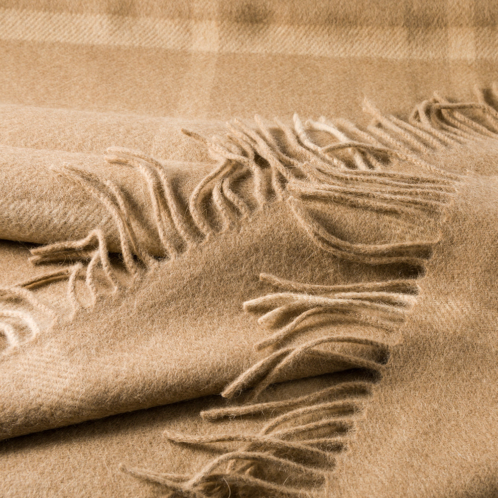 Wool Angora Throw | Camel & Cream Windowpane Check