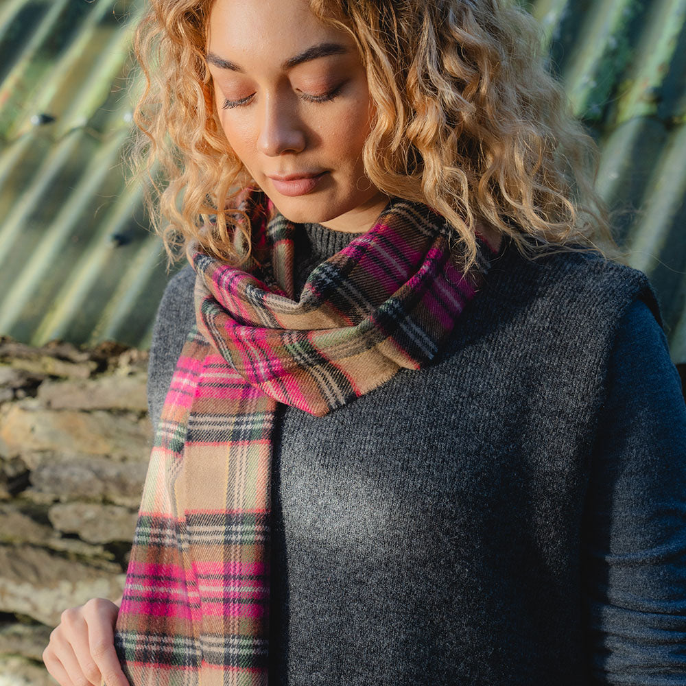 Pink Brown Charcoal Camel Check Merino Scarf