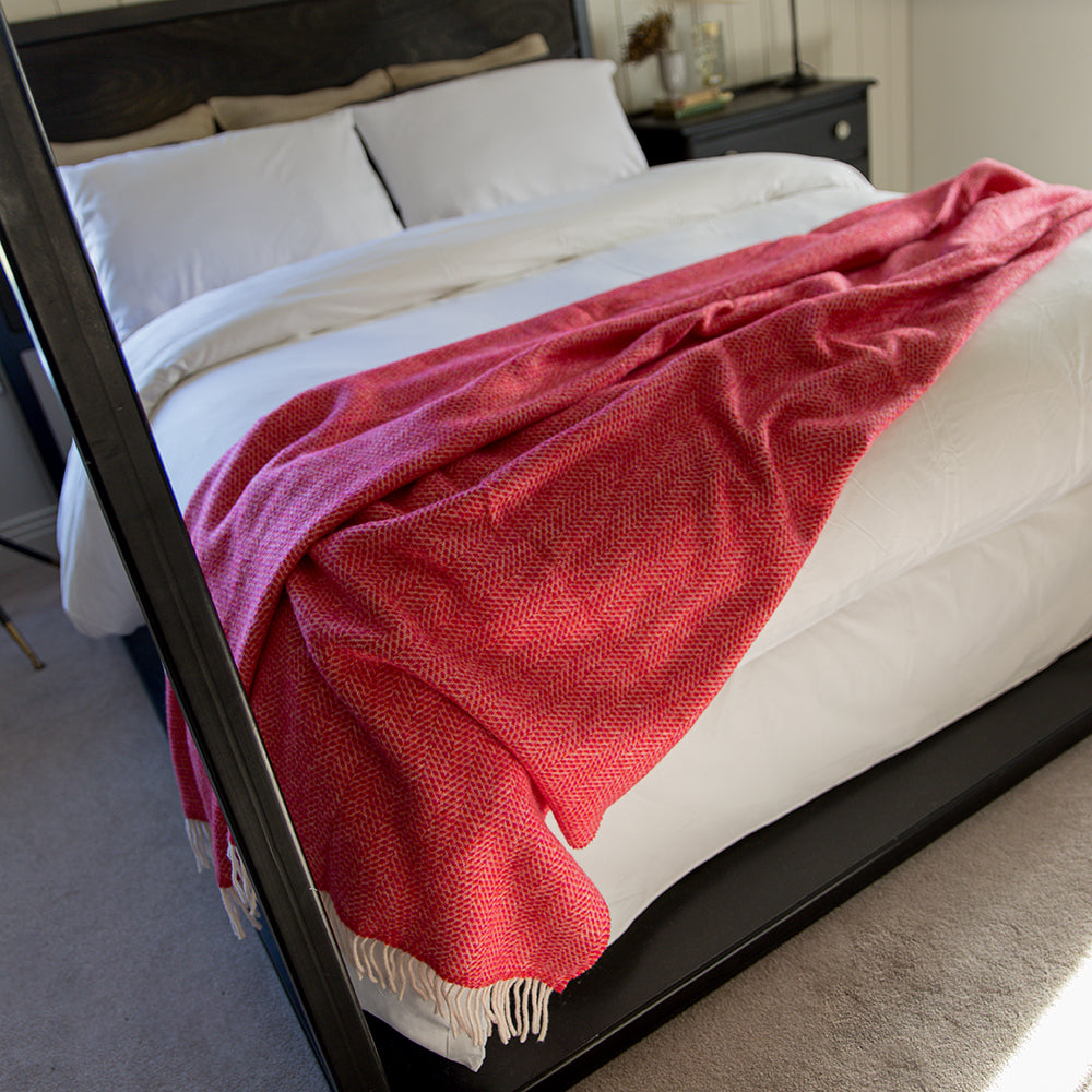 Merino & Cashmere Throw | Raspberry and Cream Herringbone | Large