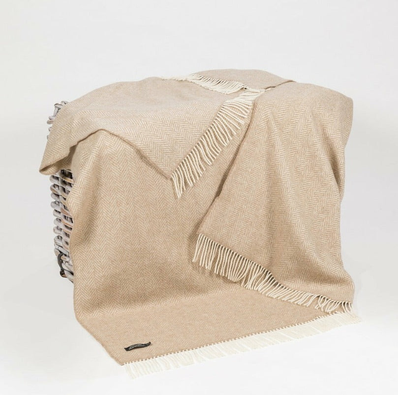 Merino & Cashmere Throw | Beige Herringbone | Large