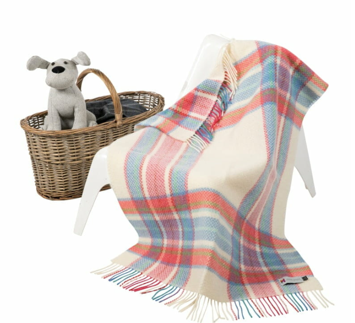 Merino & Cashmere | White Pink Blue Border Check Baby Blanket