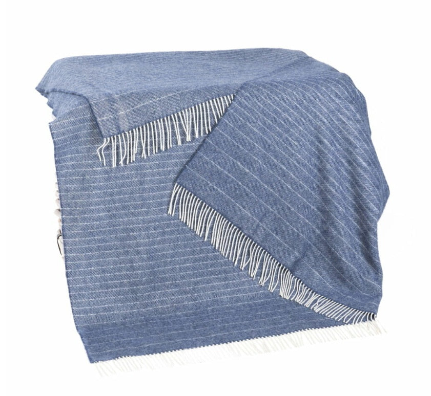 Merino Lambswool Throw | Denim White Stripe