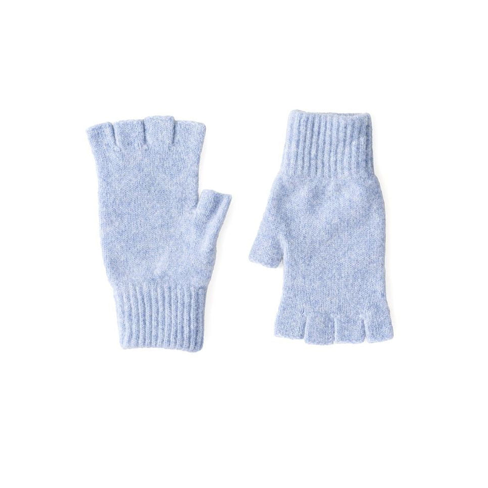 Pair of light blue fingerless gloves on a white background