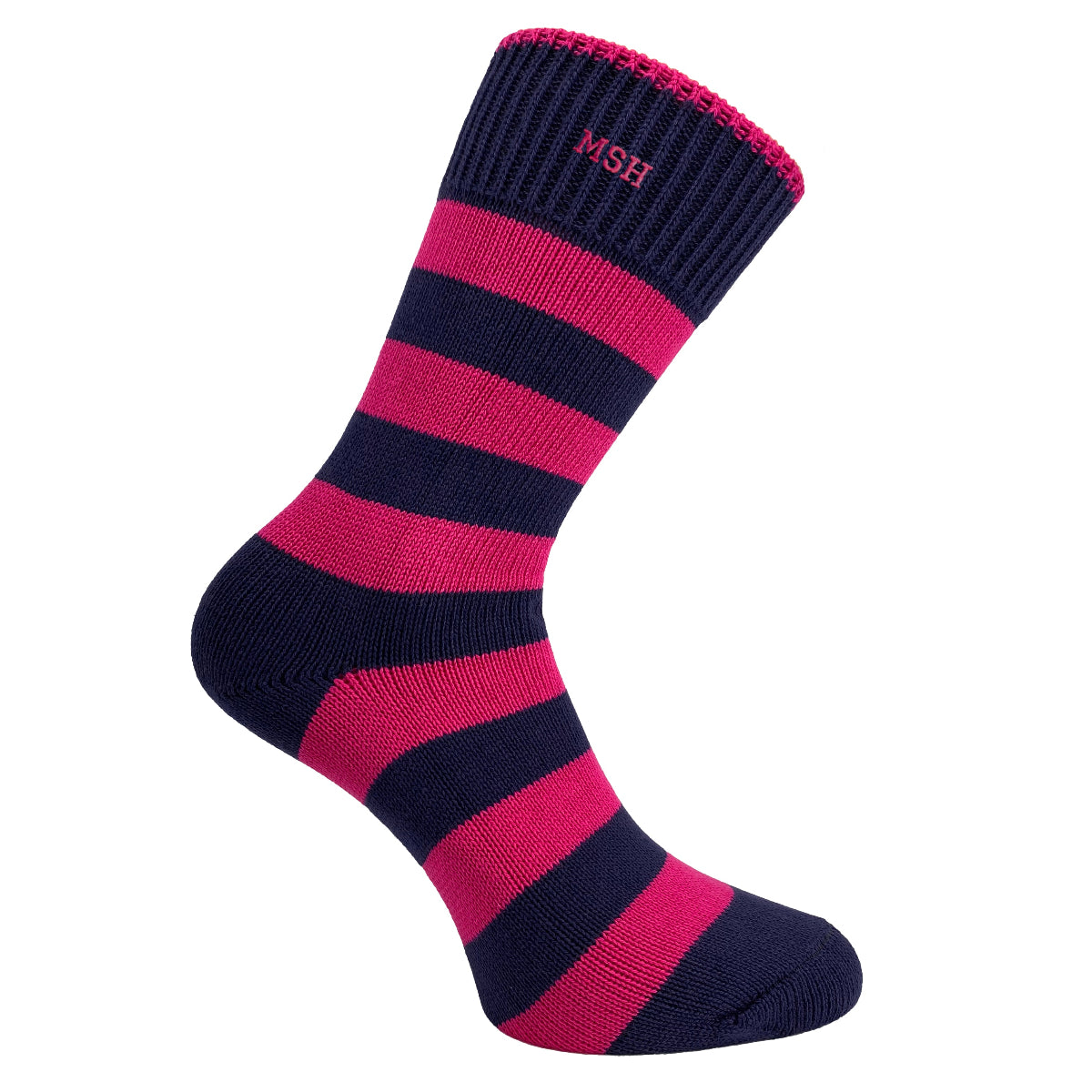 Navy and pink striped sock with 'MSH' embroidery on a white background
