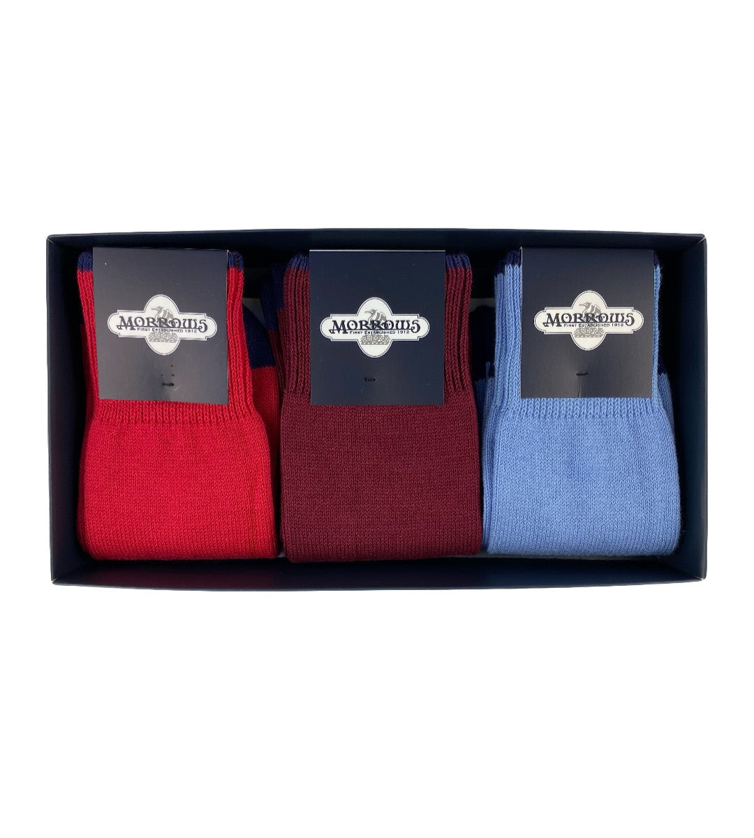 Three pairs of socks (red, burgundy and blue) in a navy gift box with 'Morrows' branding.