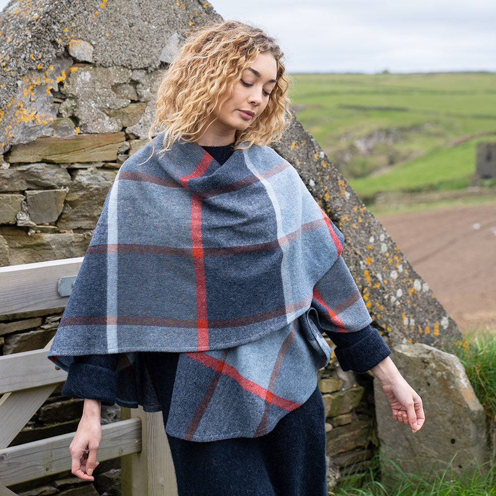 Lambswool Cape – Blue, Navy, Rust & Red Check