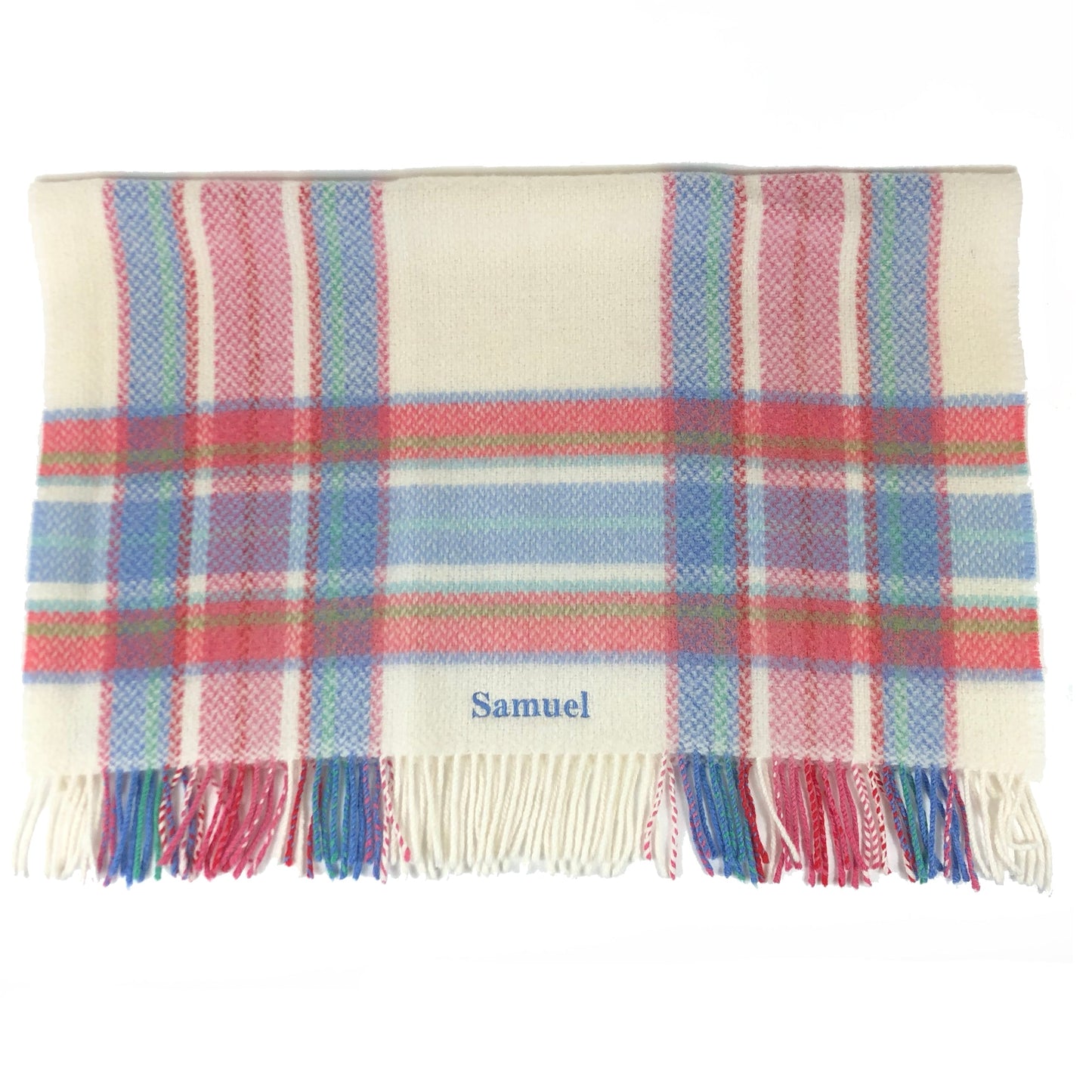 Merino & Cashmere  | White Pink Blue Border Check Baby Blanket