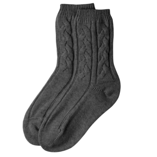 A pair of charcoal grey cable knit cashmere bed socks.