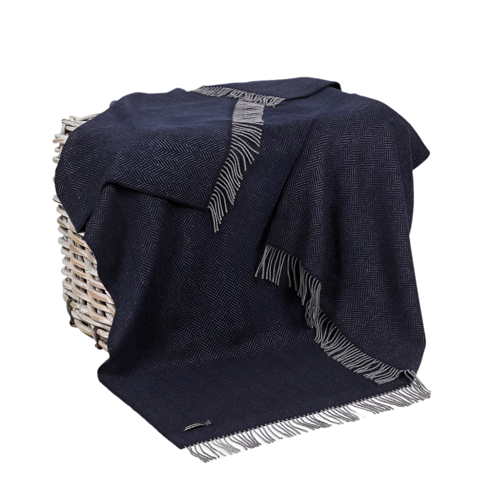 Merino & Cashmere Throw | Dark Navy Herringbone | Large