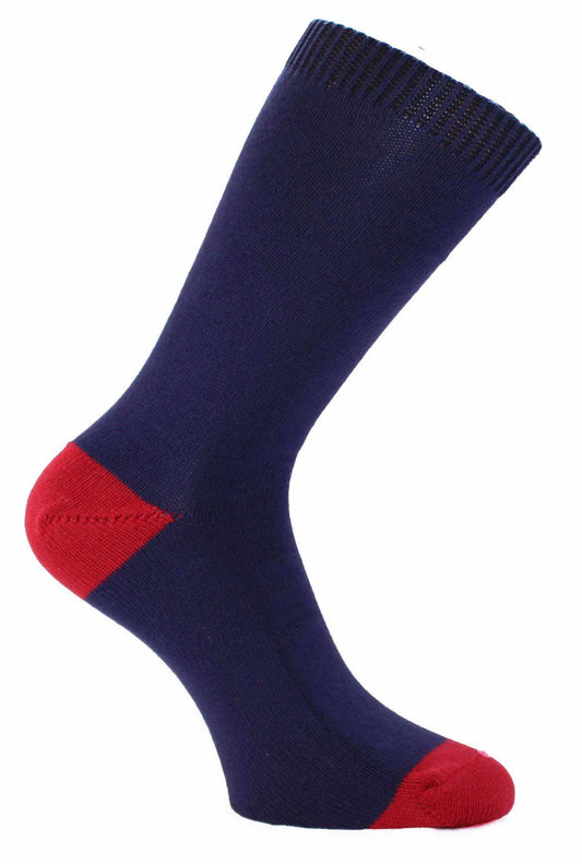 A pair of navy blue socks with red heel and toe contrast, designed for mid-calf height.