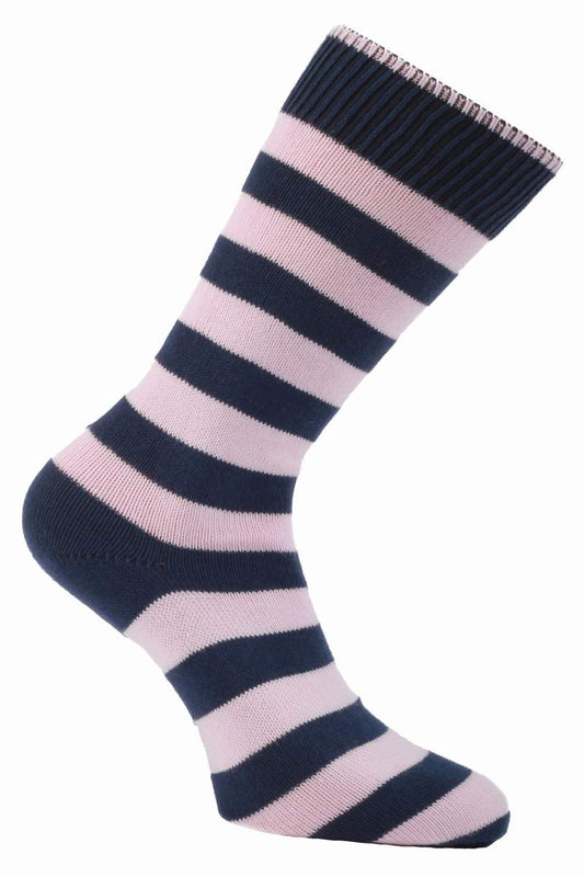 Rayner Thin Light Pink and Navy Blue Striped Socks - Seamless Toe Design