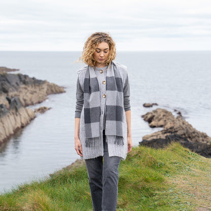 Grey Mix Block Check Merino Scarf