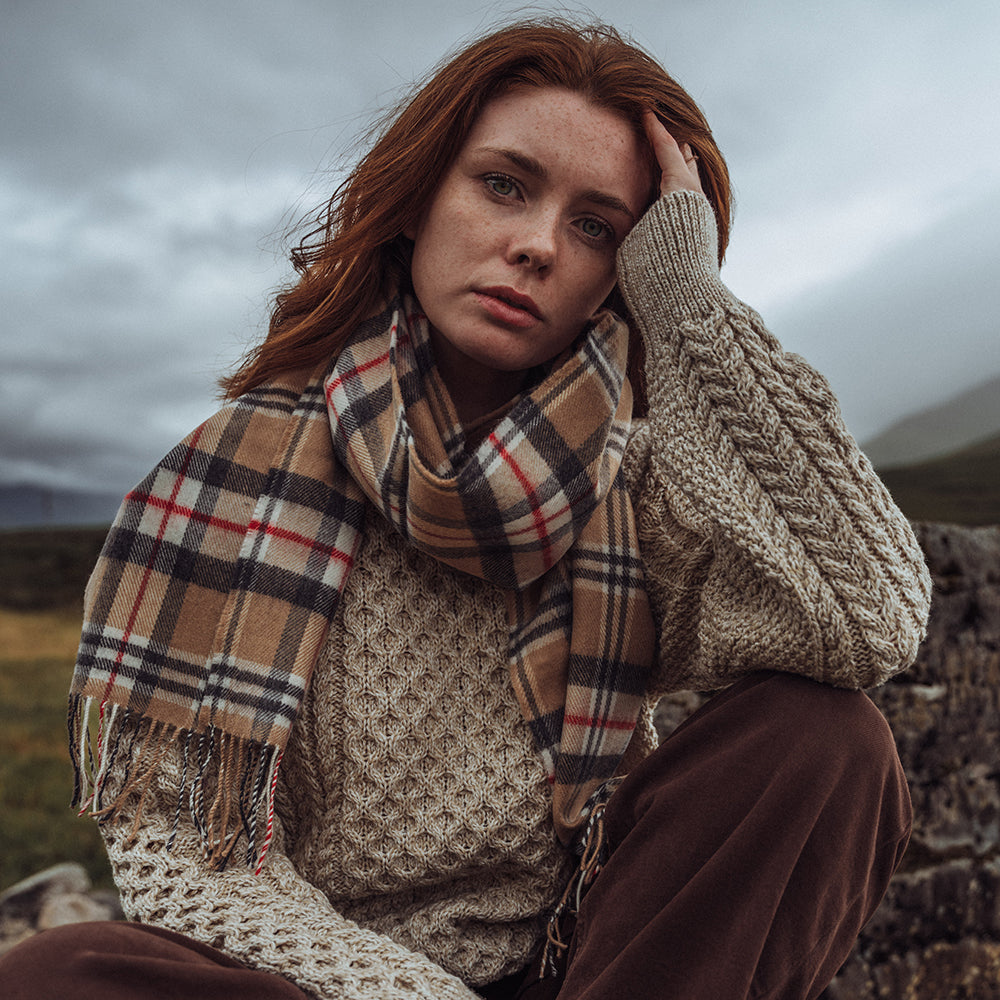 Camel Tartan Merino Scarf