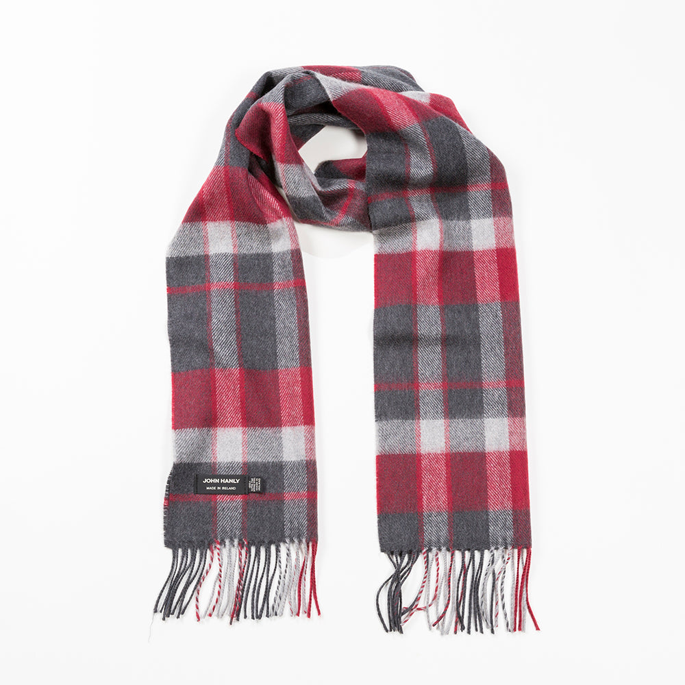 Charcoal Silver & Red Check Merino Scarf