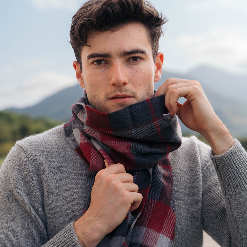 Charcoal Silver & Red Check Merino Scarf