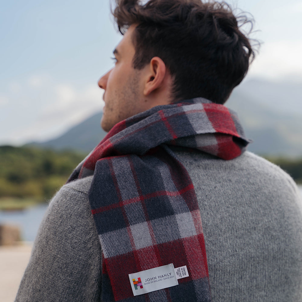 Charcoal Silver & Red Check Merino Scarf