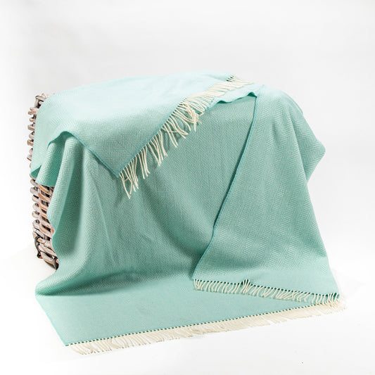 Merino & Cashmere Throw | White & Mint Herringbone