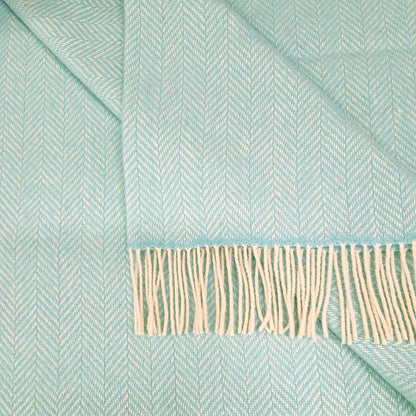 Merino & Cashmere Throw | White & Mint Herringbone