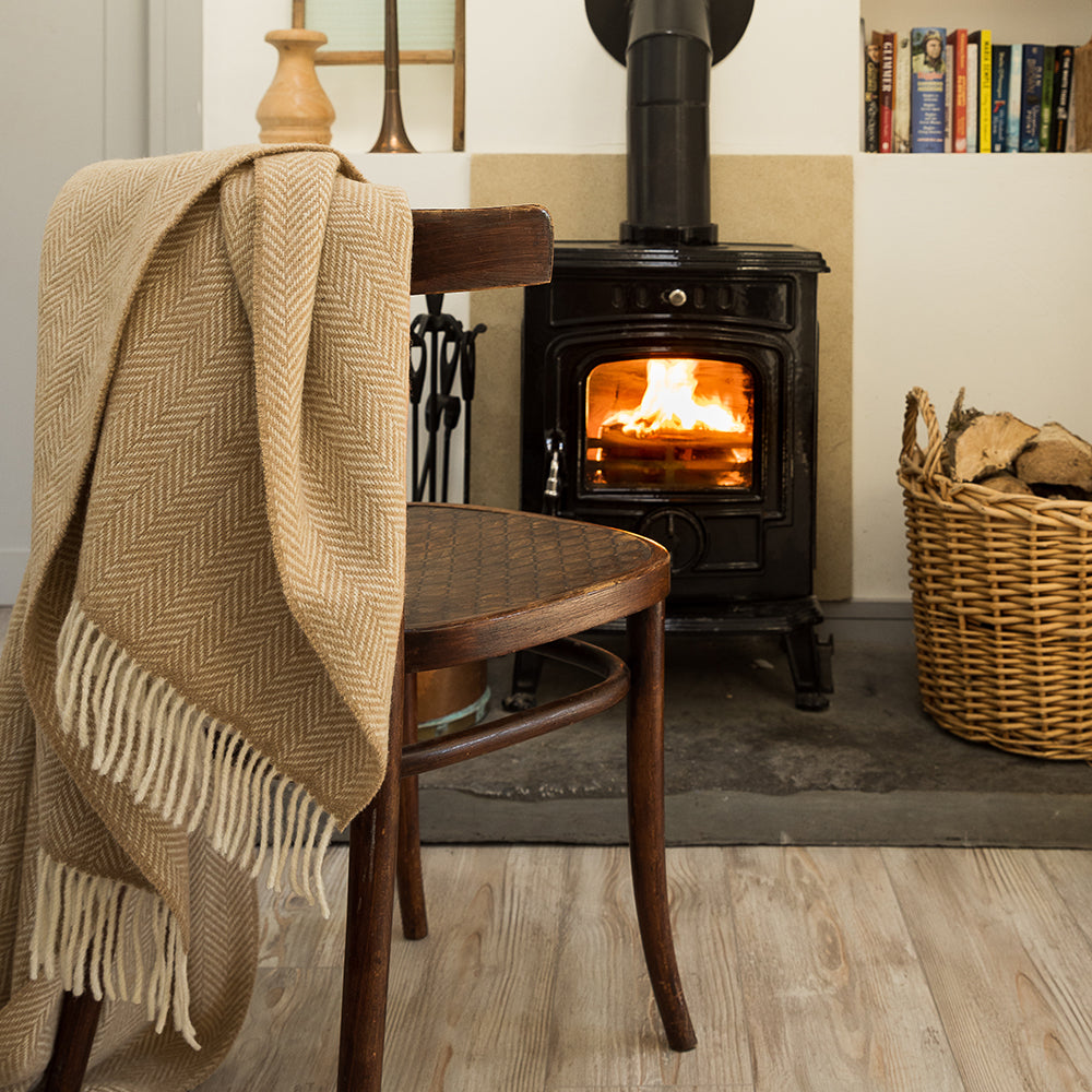 Merino & Cashmere Throw | Beige Herringbone