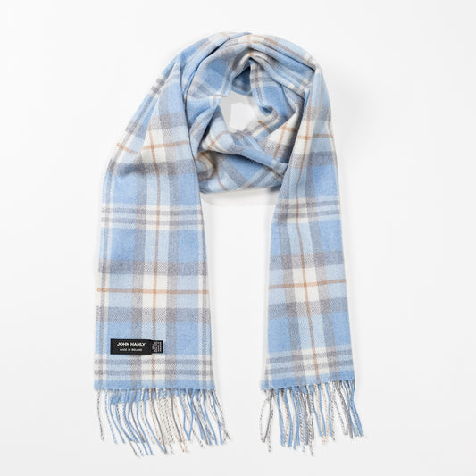 Baby Blue, Cream & Taupe Check Merino Scarf