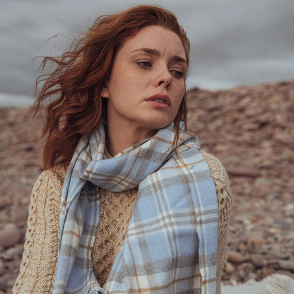 Baby Blue, Cream & Taupe Check Merino Scarf