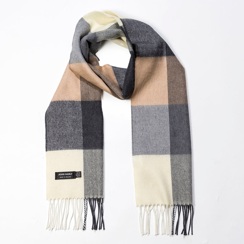 Cream, Brown & Black Block Check Merino Scarf