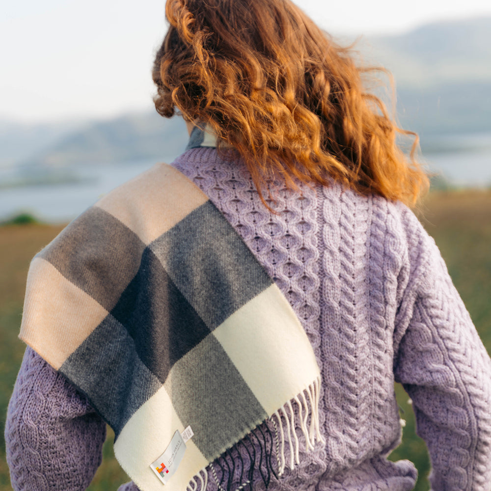 Cream, Brown & Black Block Check Merino Scarf