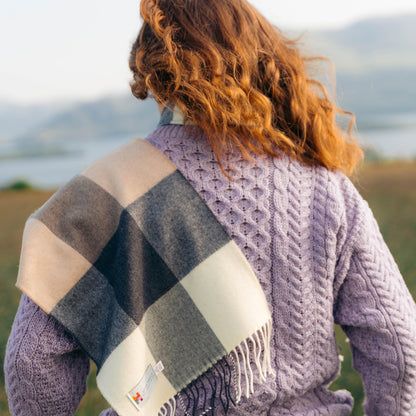 Cream, Brown & Black Block Check Merino Scarf