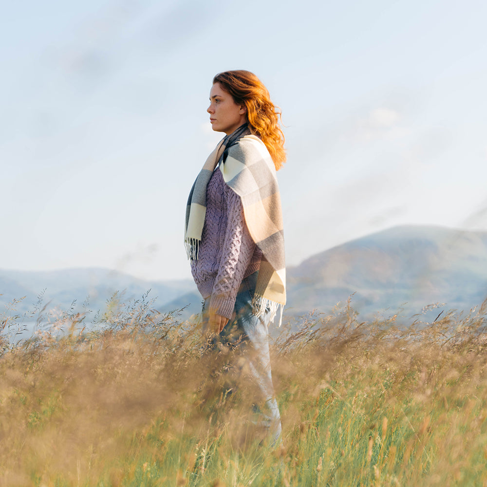 Cream, Brown & Black Block Check Merino Scarf