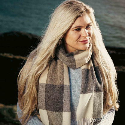 Cream, Brown & Black Block Check Merino Scarf