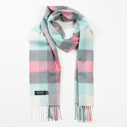 Aqua, Grey, Cream & Pink Block Check Merino Scarf