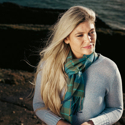 Denim & Green Check Merino Scarf