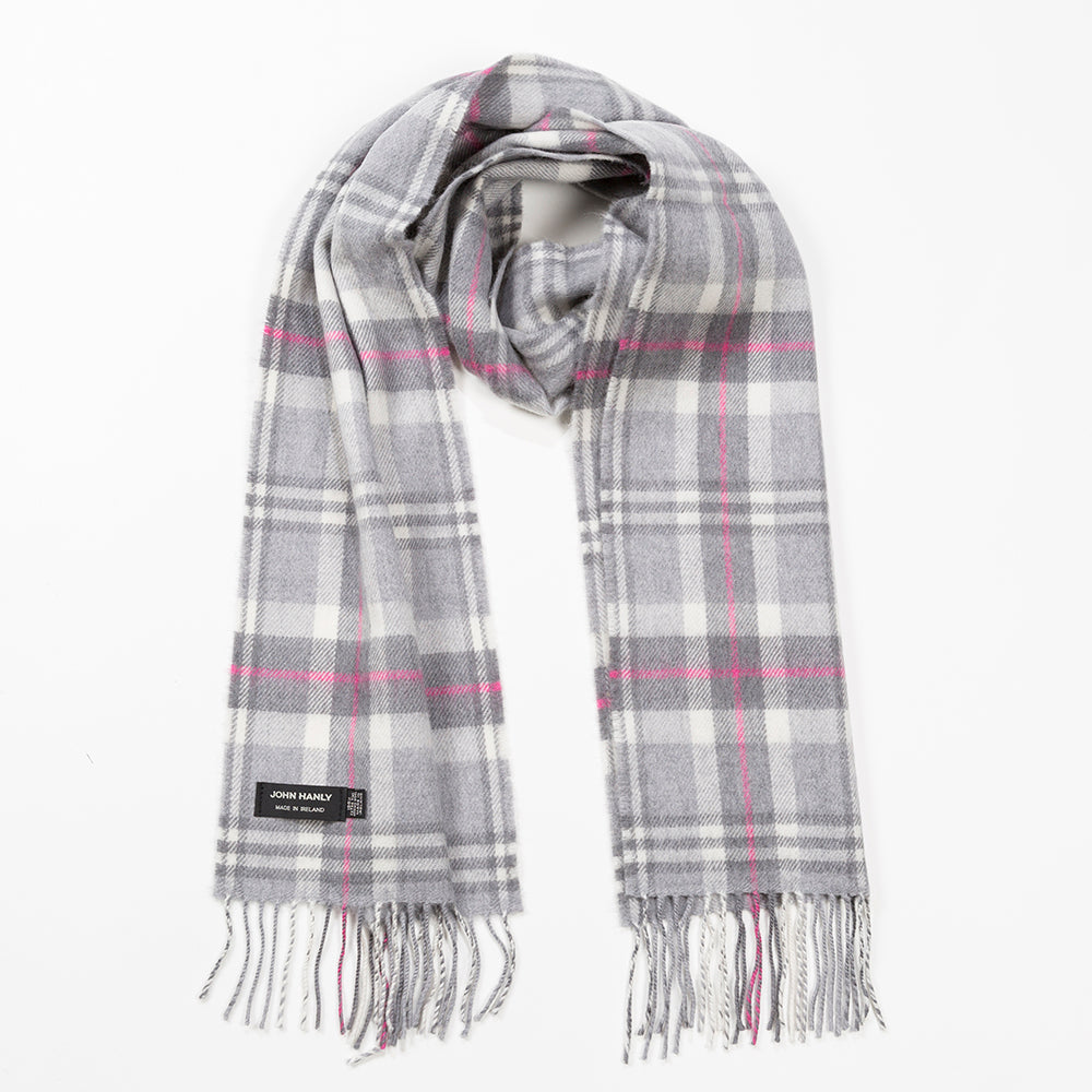 Pale Grey, White & Pink Check Merino Scarf