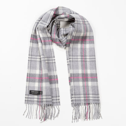 Pale Grey, White & Pink Check Merino Scarf