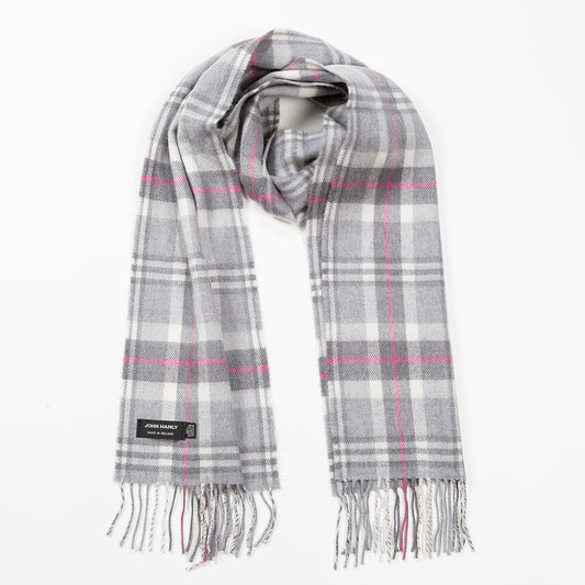 Pale Grey, White & Pink Check Merino Scarf