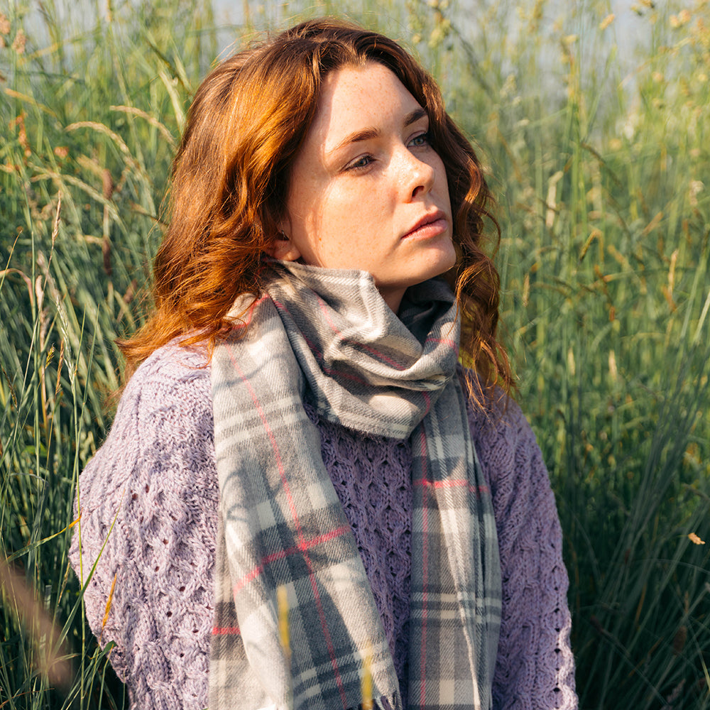 Pale Grey, White & Pink Check Merino Scarf