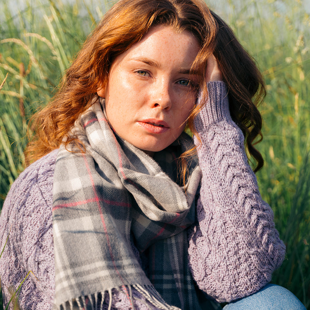 Pale Grey, White & Pink Check Merino Scarf
