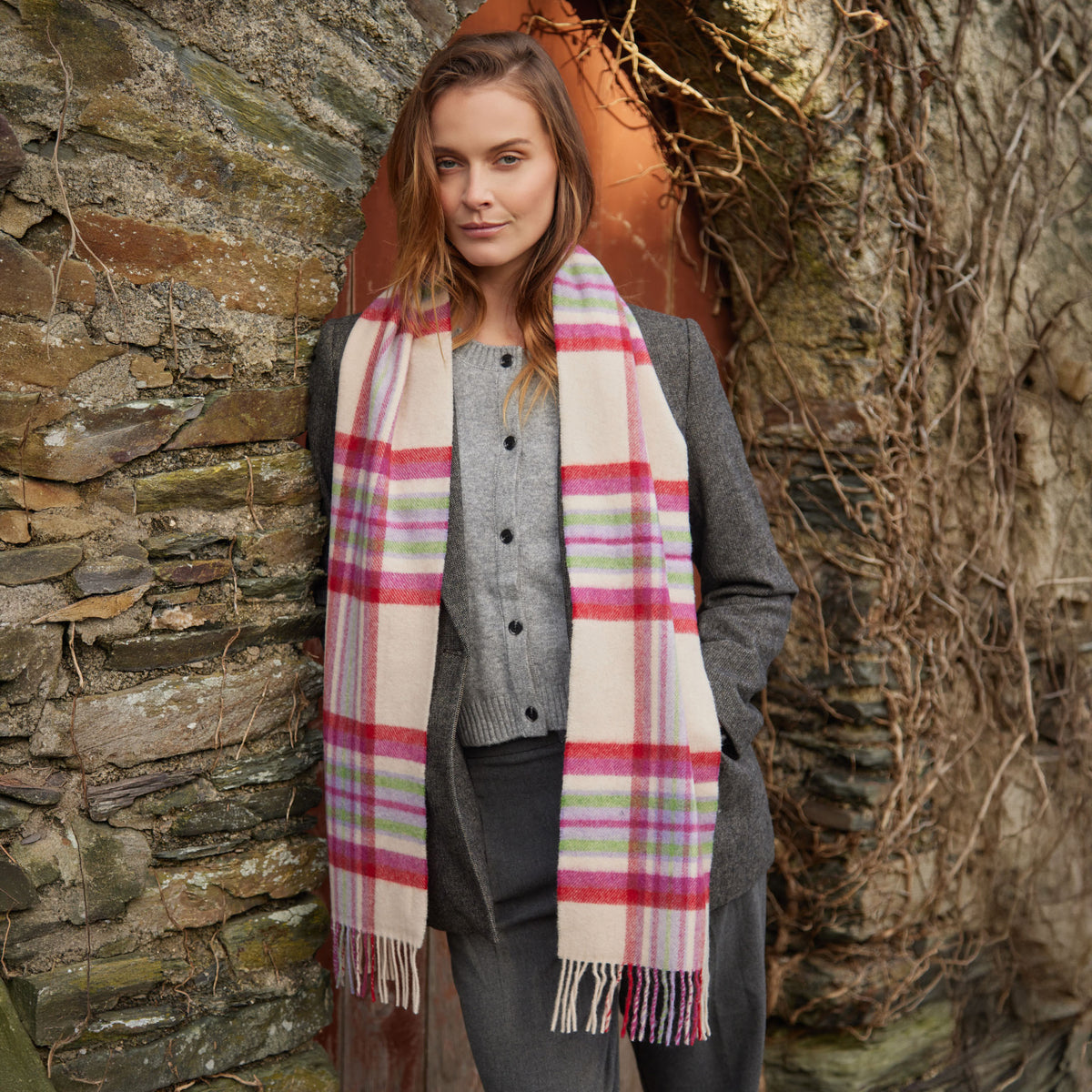 Ecru, Purple & Heather Plaid Long Lambswool Scarf