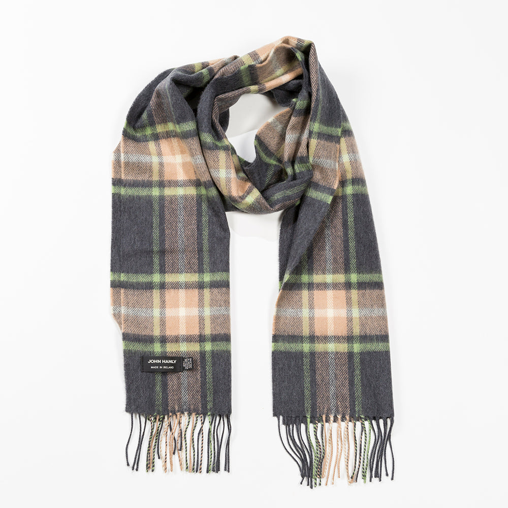 Grey, Beige & Light Green Check Merino Scarf