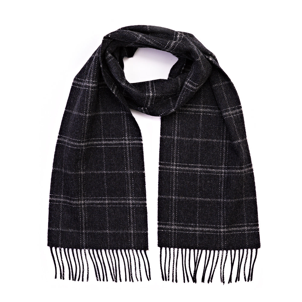 Charcoal Grey Check Long Lambswool Scarf