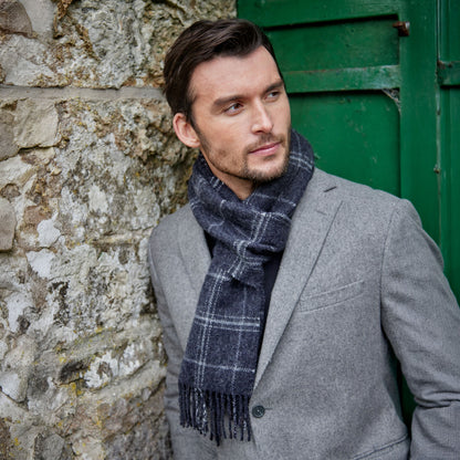 Charcoal Grey Check Long Lambswool Scarf