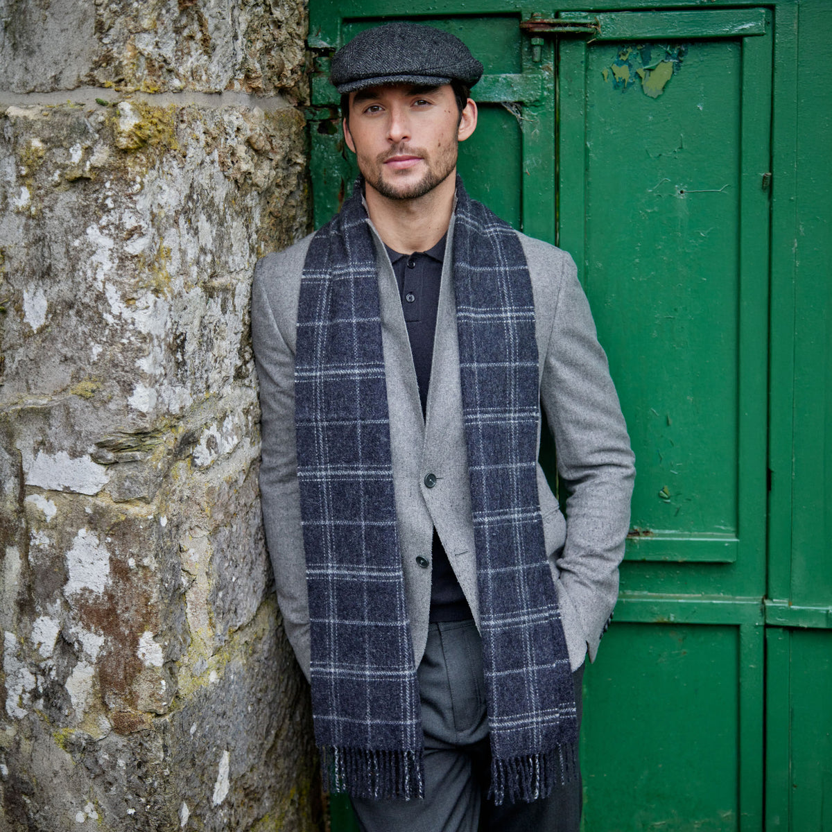 Charcoal Grey Check Long Lambswool Scarf