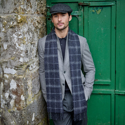 Charcoal Grey Check Long Lambswool Scarf