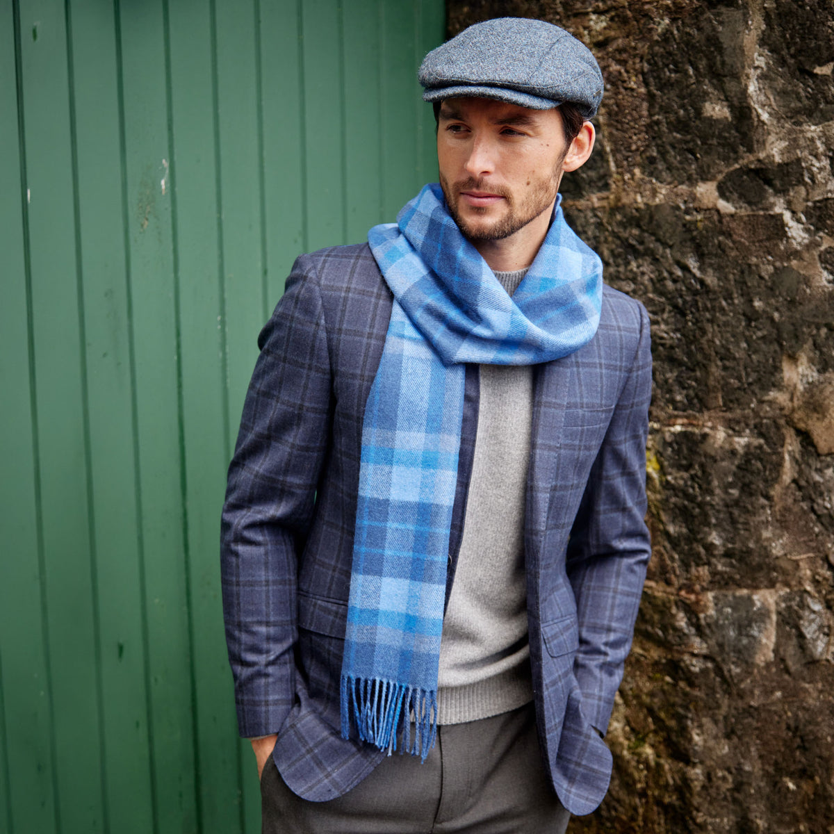 Blue Navy Plaid Merino Scarf